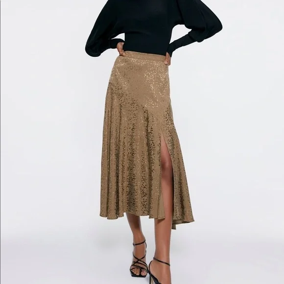 Zara | Jacquard Midi Skirt Oil Green Size XS NWT - Picture 1 of 7
